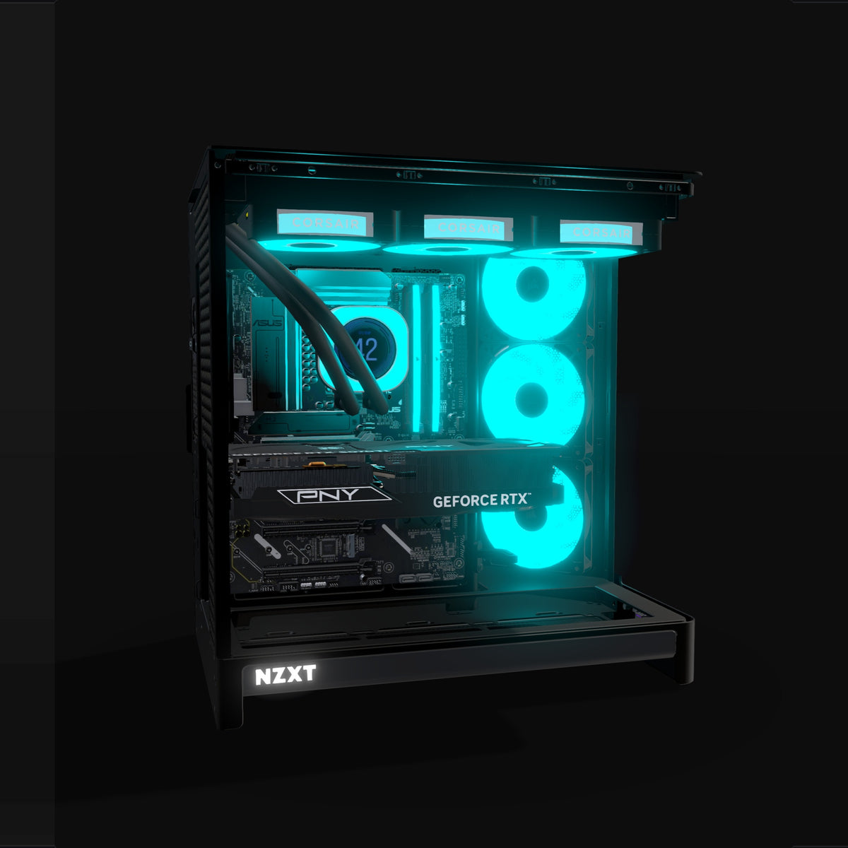 Showcase Gaming-PC Midrange – 3D-Rendering von der Seite, RGB Cyan