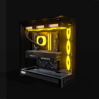 Showcase Gaming-PC Midrange – 3D-Rendering schräg von vorne, RGB Orange
