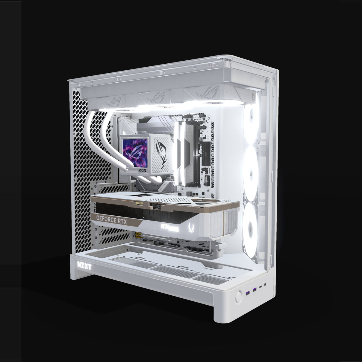 Showcase Gaming PC High-End White – 3D rendering, front three-quarter view, RGB cool white