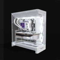 Showcase Gaming PC High-End White – 3D rendering, front three-quarter view, RGB cool white