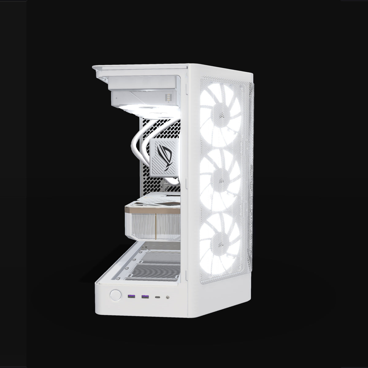 Showcase Gaming PC High-End White – 3D rendering, front view, RGB cool white