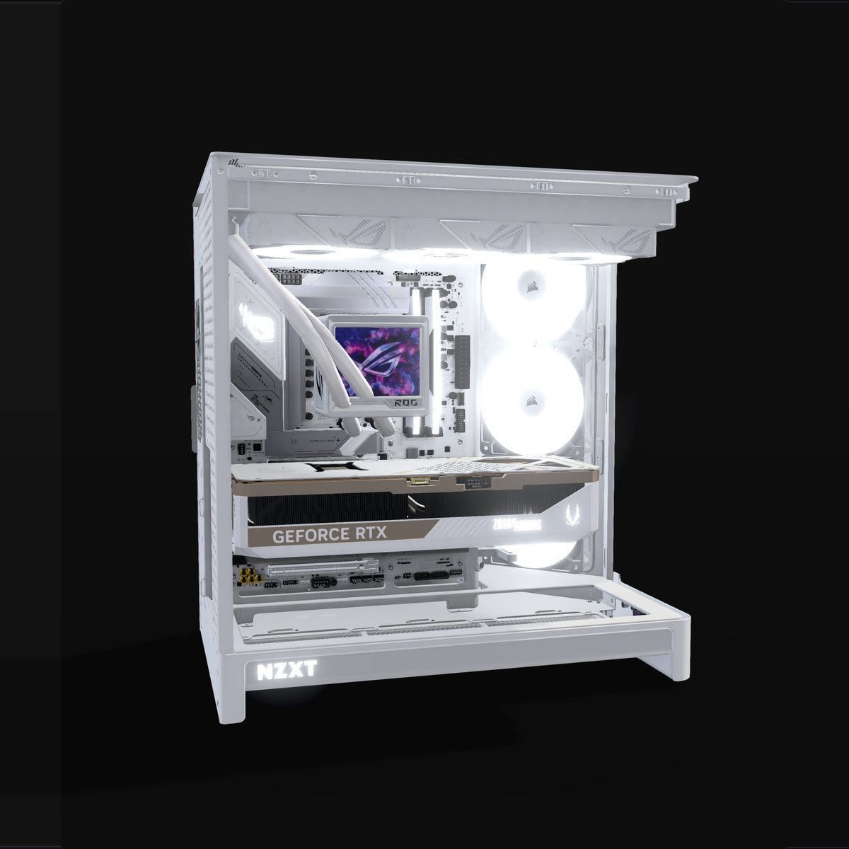 Showcase Gaming PC High-End White – 3D rendering, side view, RGB cool white