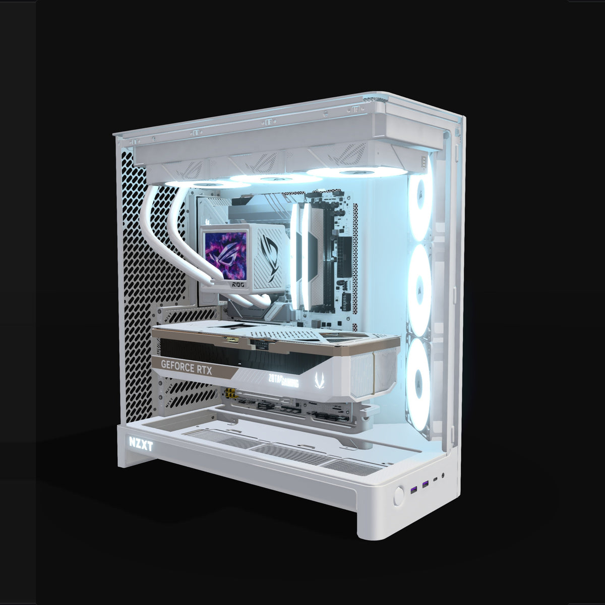 Showcase Gaming PC High-End White – 3D rendering, front three-quarter view, RGB ice blue