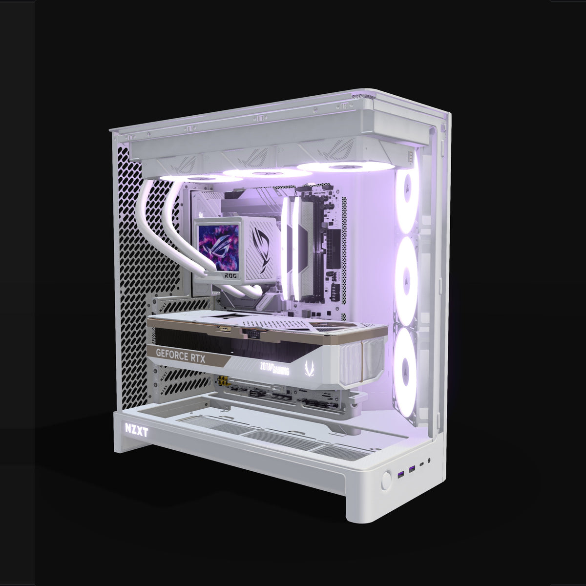 Showcase Gaming PC High-End White – 3D rendering, front three-quarter view, RGB lavender