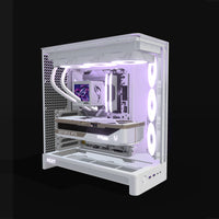 Showcase Gaming PC High-End White – 3D rendering, front three-quarter view, RGB lavender