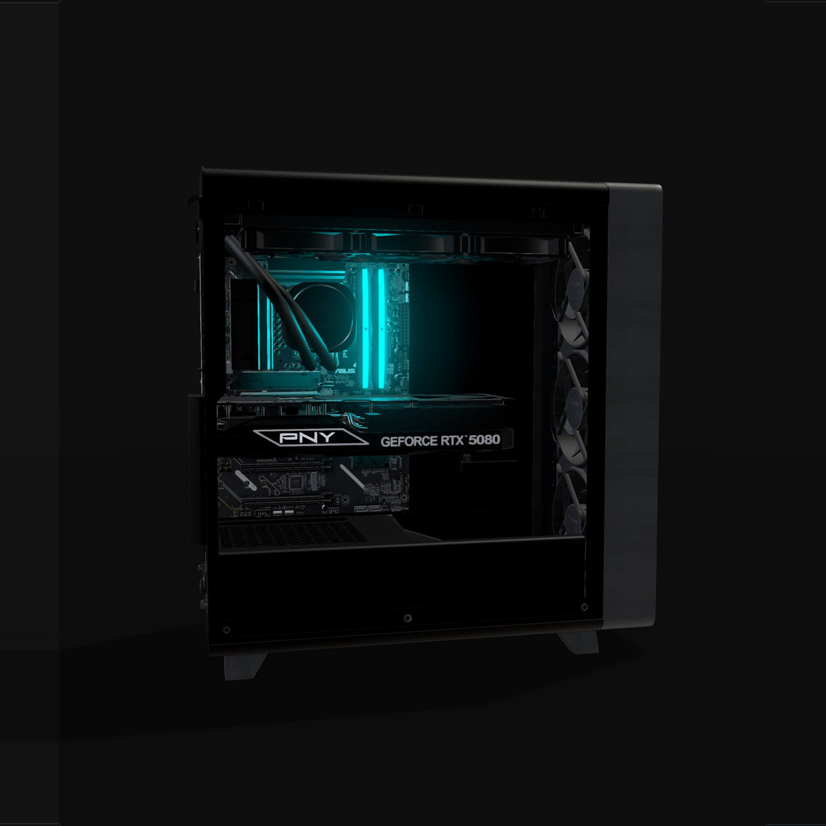 Streaming Gaming-PC High-End – 3D-Rendering von der Seite, RGB Cyan