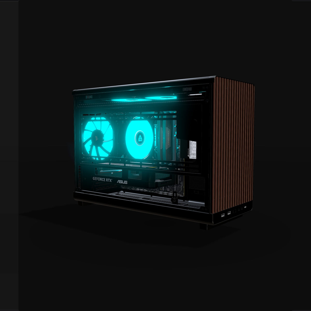 Biwak PC Gamer Entrée de gamme – rendu 3D, vue de trois quarts, RGB cyan