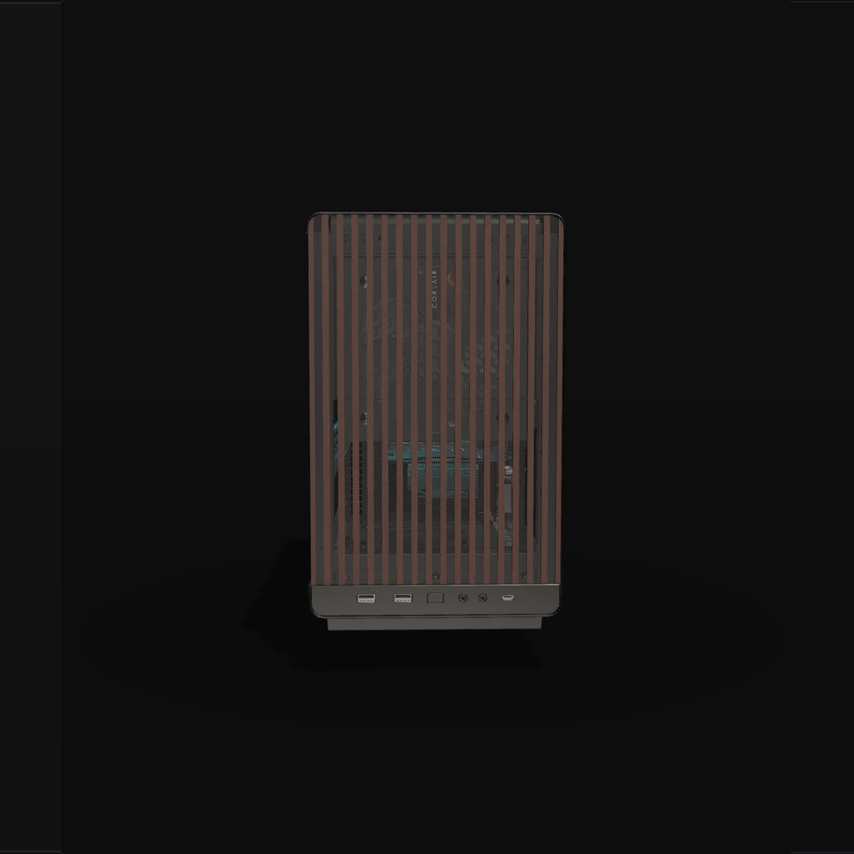 Biwak PC Gamer Entrée de gamme – rendu 3D, vue de face, RGB cyan