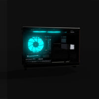 Biwak PC Gamer Entrée de gamme – rendu 3D, vue de côté, RGB cyan