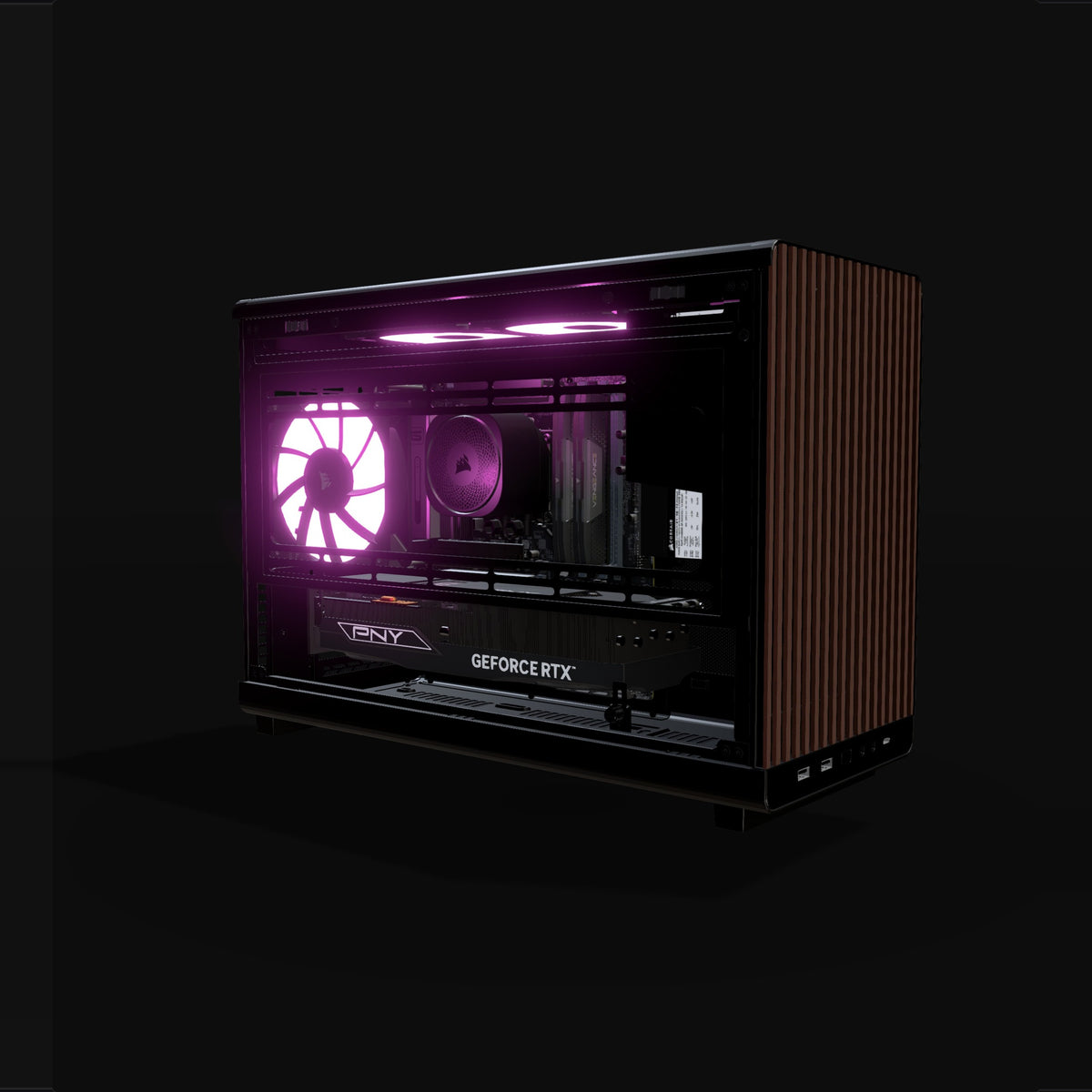 Biwak Gaming PC Midrange – 3D rendering, front three-quarter view, RGB magenta