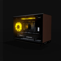 Biwak Gaming PC Midrange – 3D rendering, front three-quarter view, RGB orange