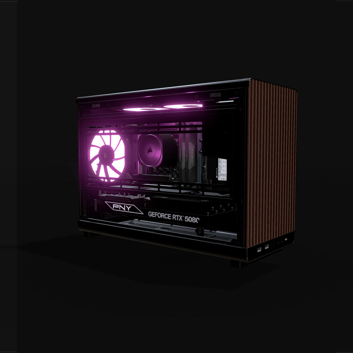 Biwak Gaming PC High-End – 3D rendering, front three-quarter view, RGB magenta