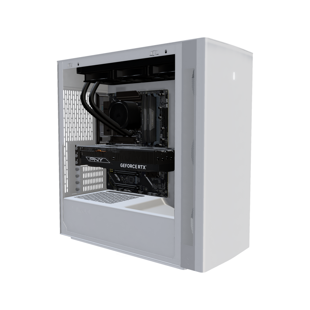 Silent Gaming-PC Midrange Weiss – 3D-Rendering schräg von vorne