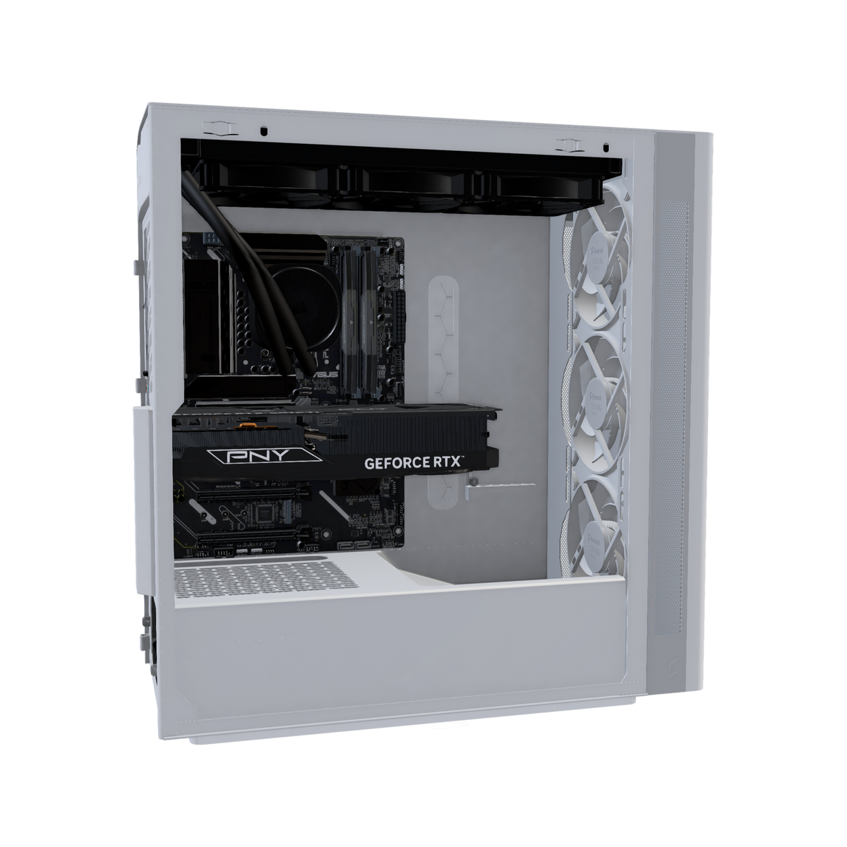 Silent Gaming-PC Midrange Weiss – 3D-Rendering von der Seite