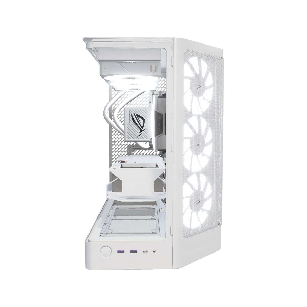 Showcase Gaming-PC Midrange Weiss – 3D-Rendering von vorne, RGB Kaltweiss