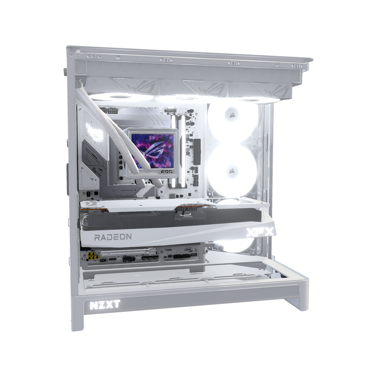 Showcase Gaming-PC Midrange Weiss – 3D-Rendering von der Seite, RGB Kaltweiss