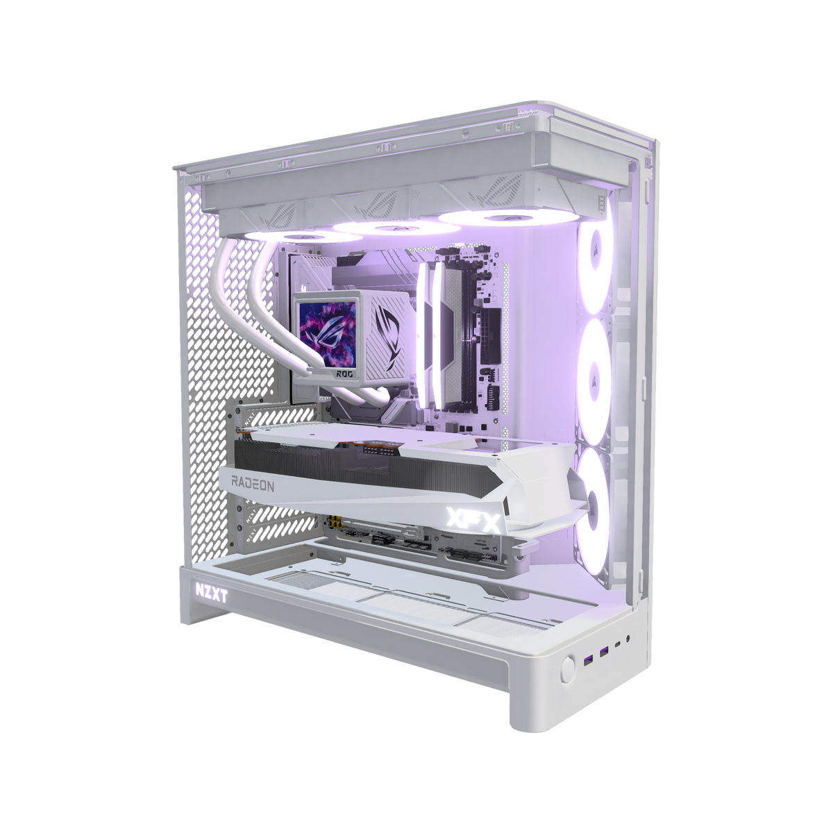 Showcase Gaming-PC Midrange Weiss – 3D-Rendering schräg von vorne, RGB Lavendel