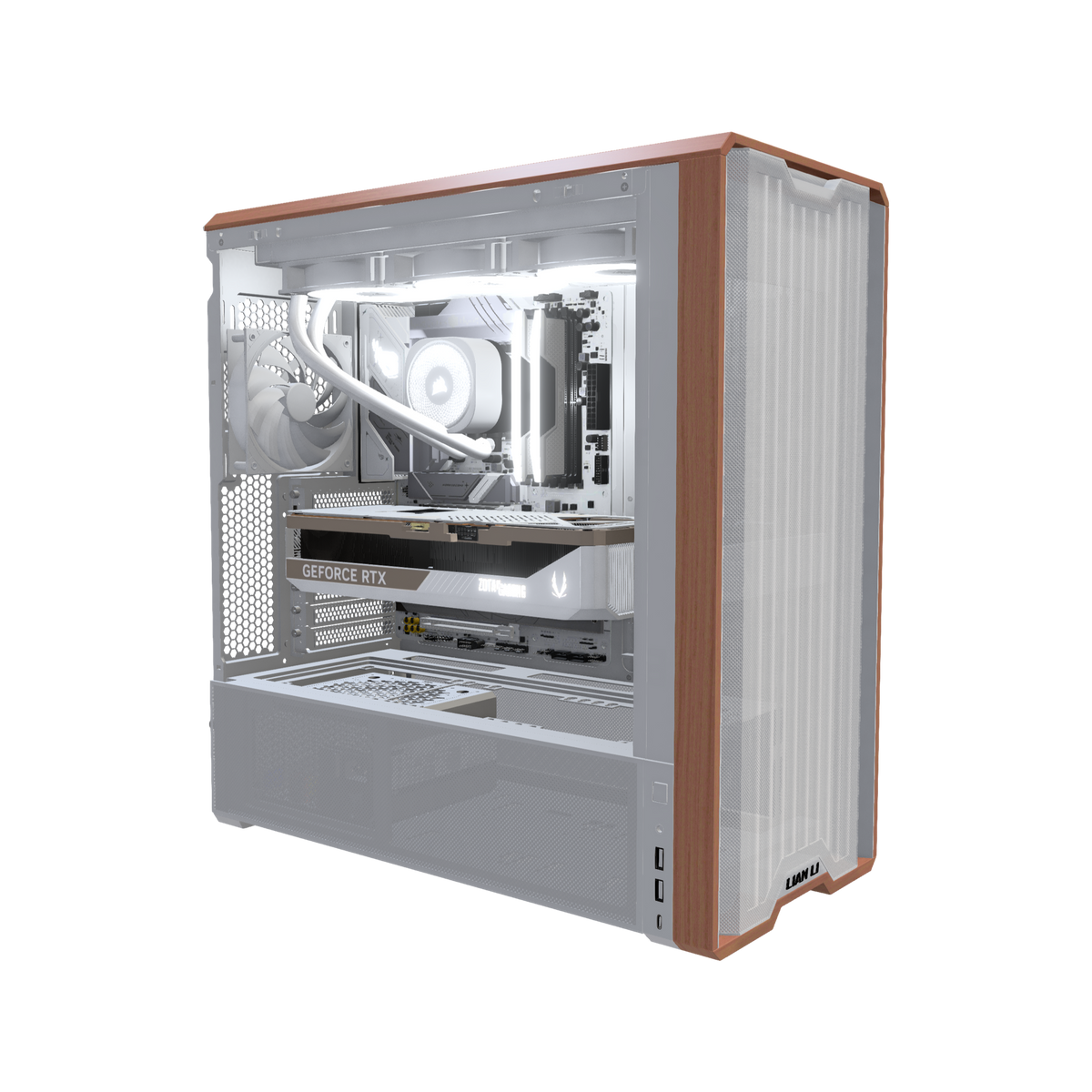Streaming PC da gaming High-End Bianco – rendering 3D, vista di tre quarti, RGB bianco freddo