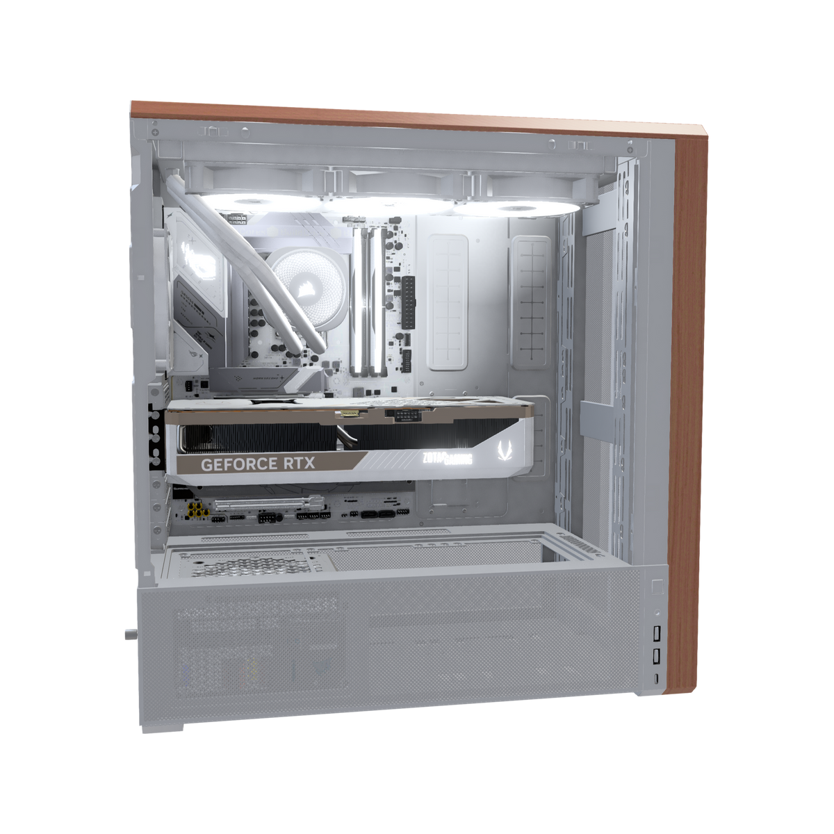 Streaming PC da gaming High-End Bianco – rendering 3D, vista laterale, RGB bianco freddo