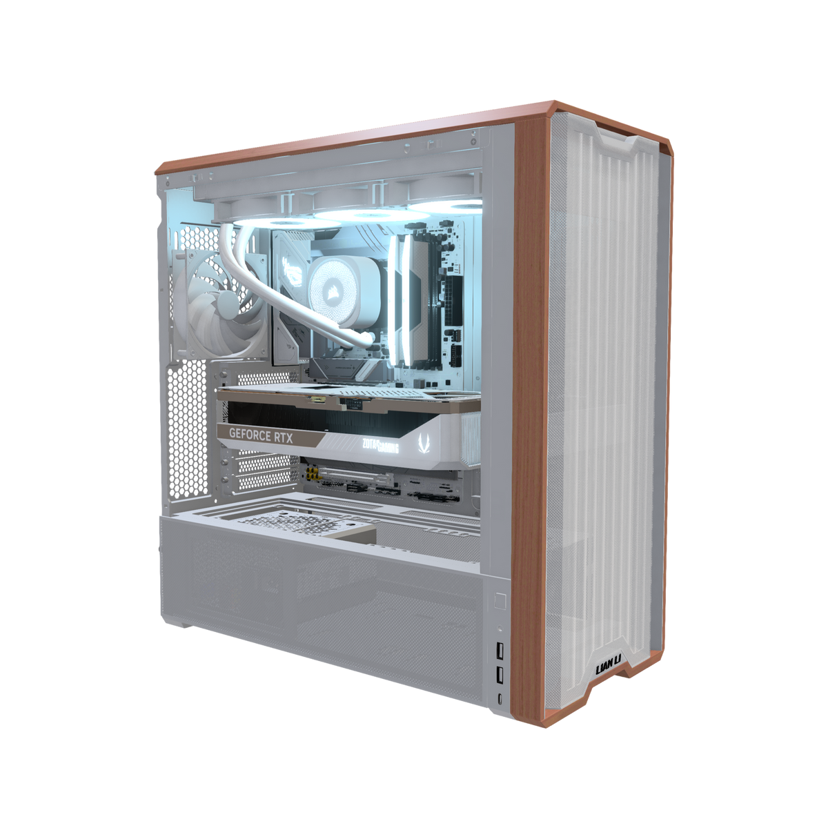 Streaming PC da gaming High-End Bianco – rendering 3D, vista di tre quarti, RGB blu ghiaccio