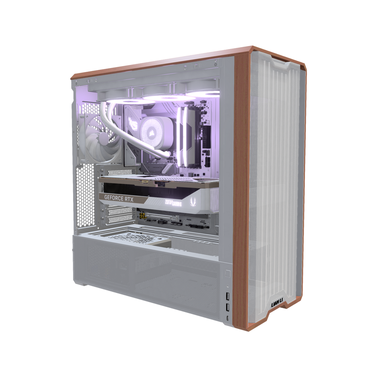 Streaming PC da gaming High-End Bianco – rendering 3D, vista di tre quarti, RGB lavanda