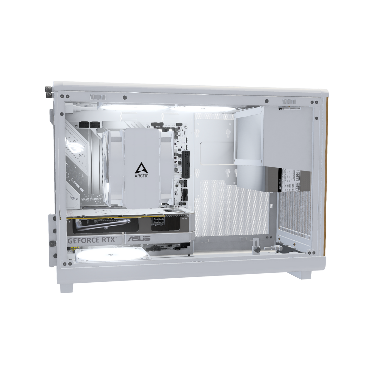 Biwak Gaming PC Entry White – 3D rendering, side view, RGB cool white