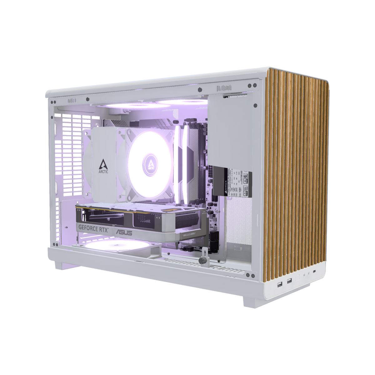 Biwak Gaming PC Entry White – 3D rendering, front three-quarter view, RGB lavender