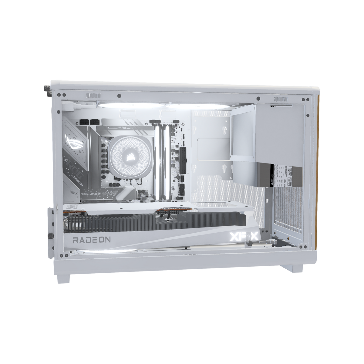 Biwak PC da gaming Midrange Bianco – rendering 3D, vista laterale, RGB bianco freddo