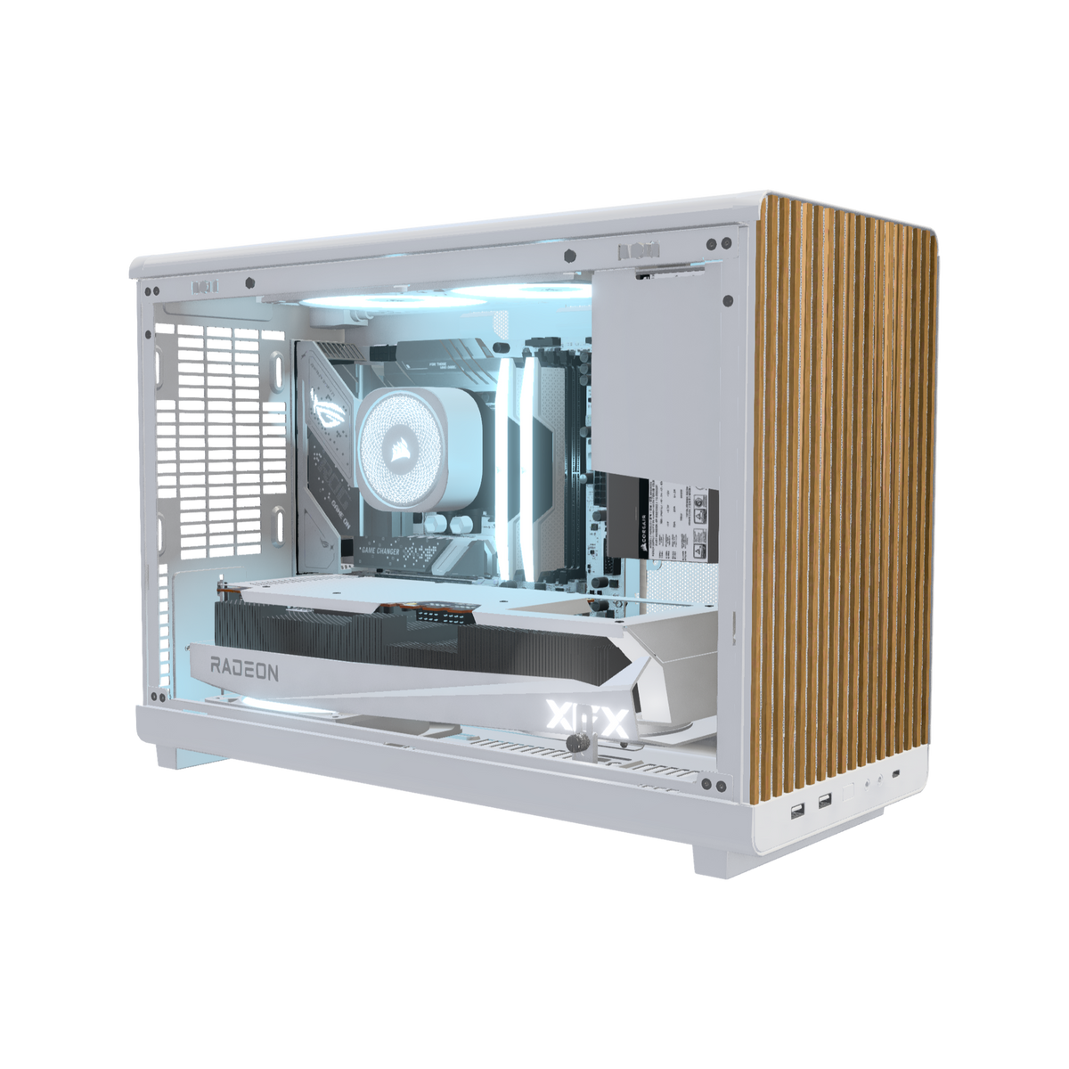Biwak PC da gaming Midrange Bianco – rendering 3D, vista di tre quarti, RGB blu ghiaccio