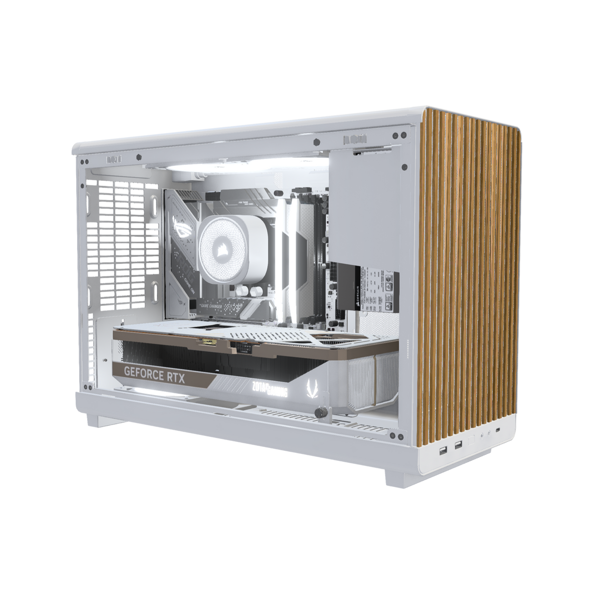 Biwak PC da gaming High-End Bianco – rendering 3D, vista di tre quarti, RGB bianco freddo