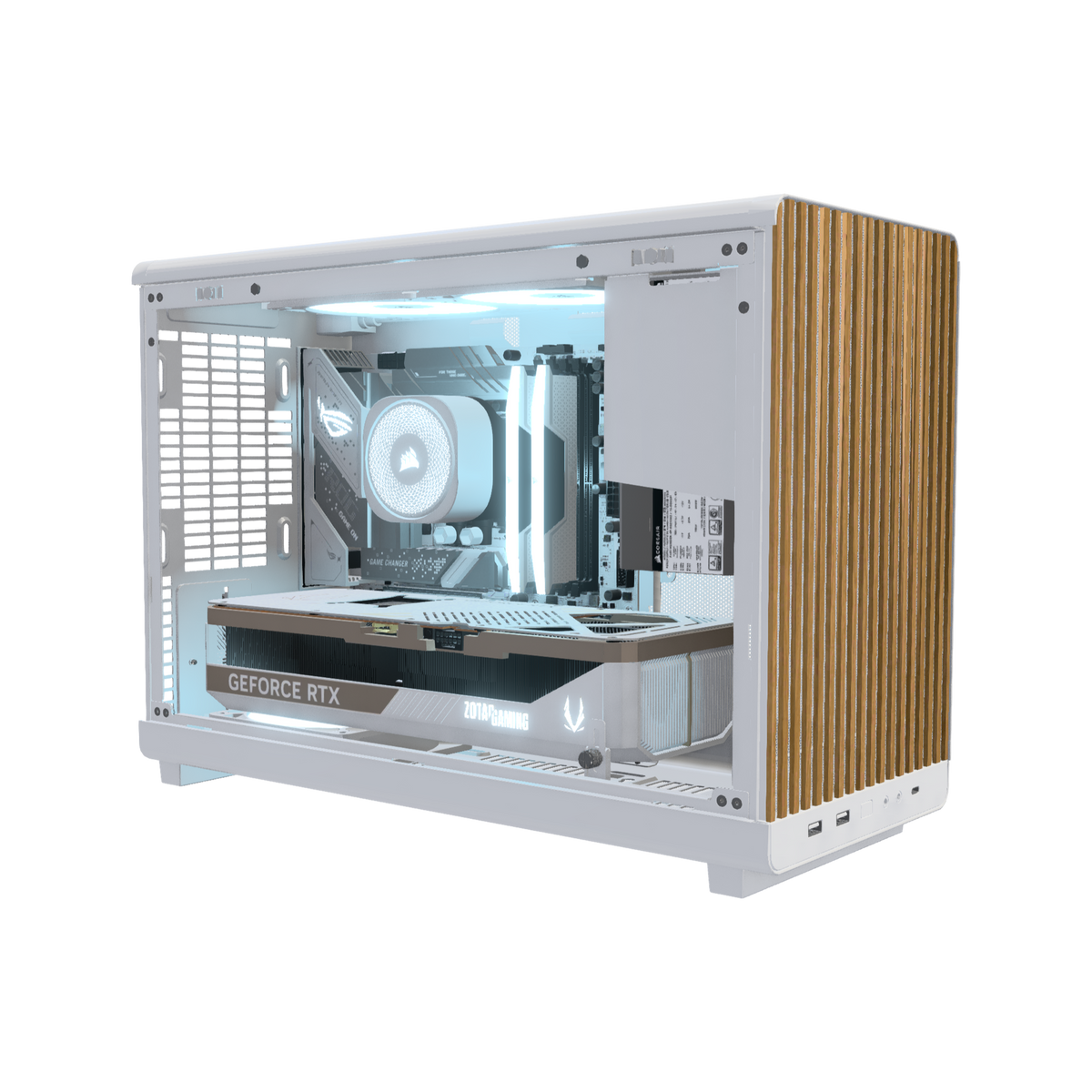Biwak PC da gaming High-End Bianco – rendering 3D, vista di tre quarti, RGB blu ghiaccio