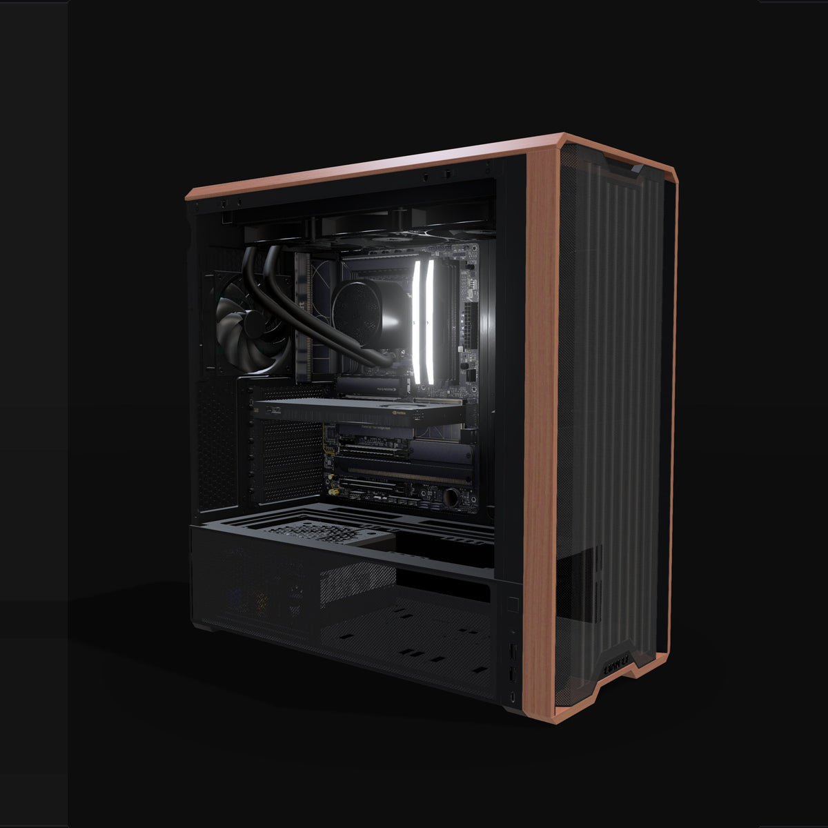 AI Station – 3D rendering, front three-quarter view, RGB cool white