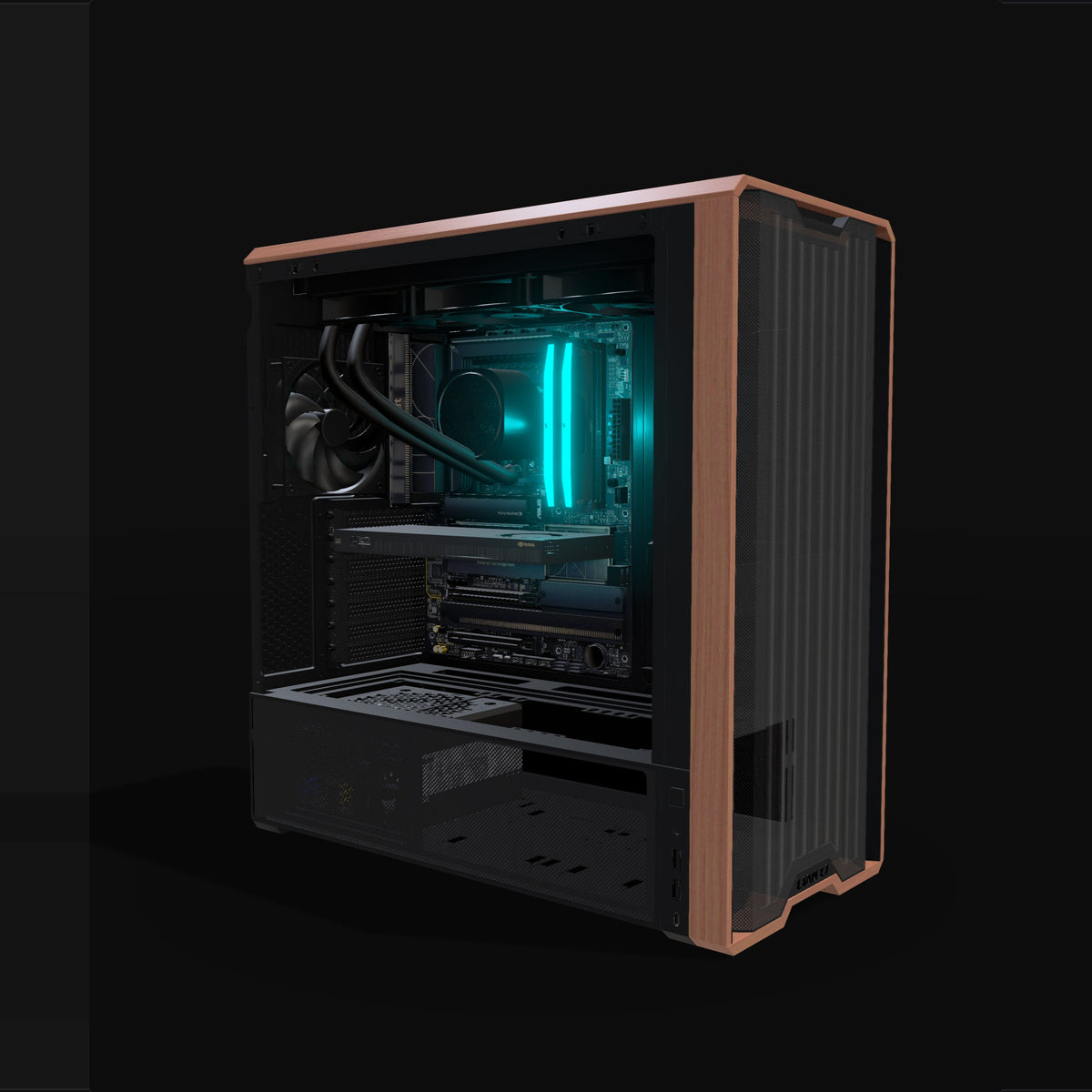 AI Station – 3D rendering, front three-quarter view, RGB cyan
