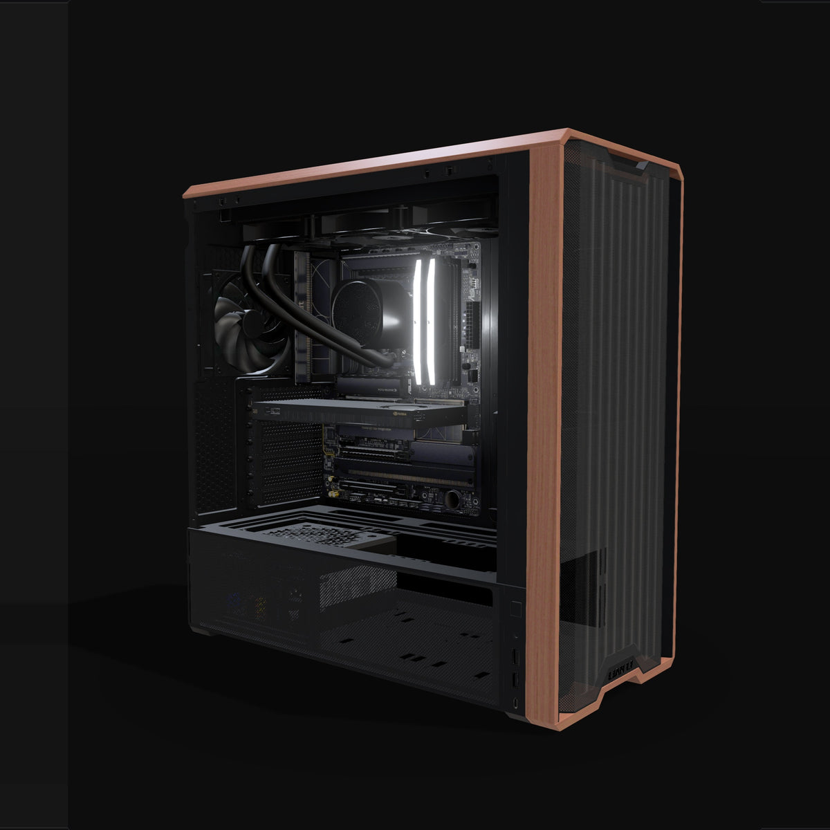 AI Station Duo – 3D rendering, front three-quarter view, RGB cool white