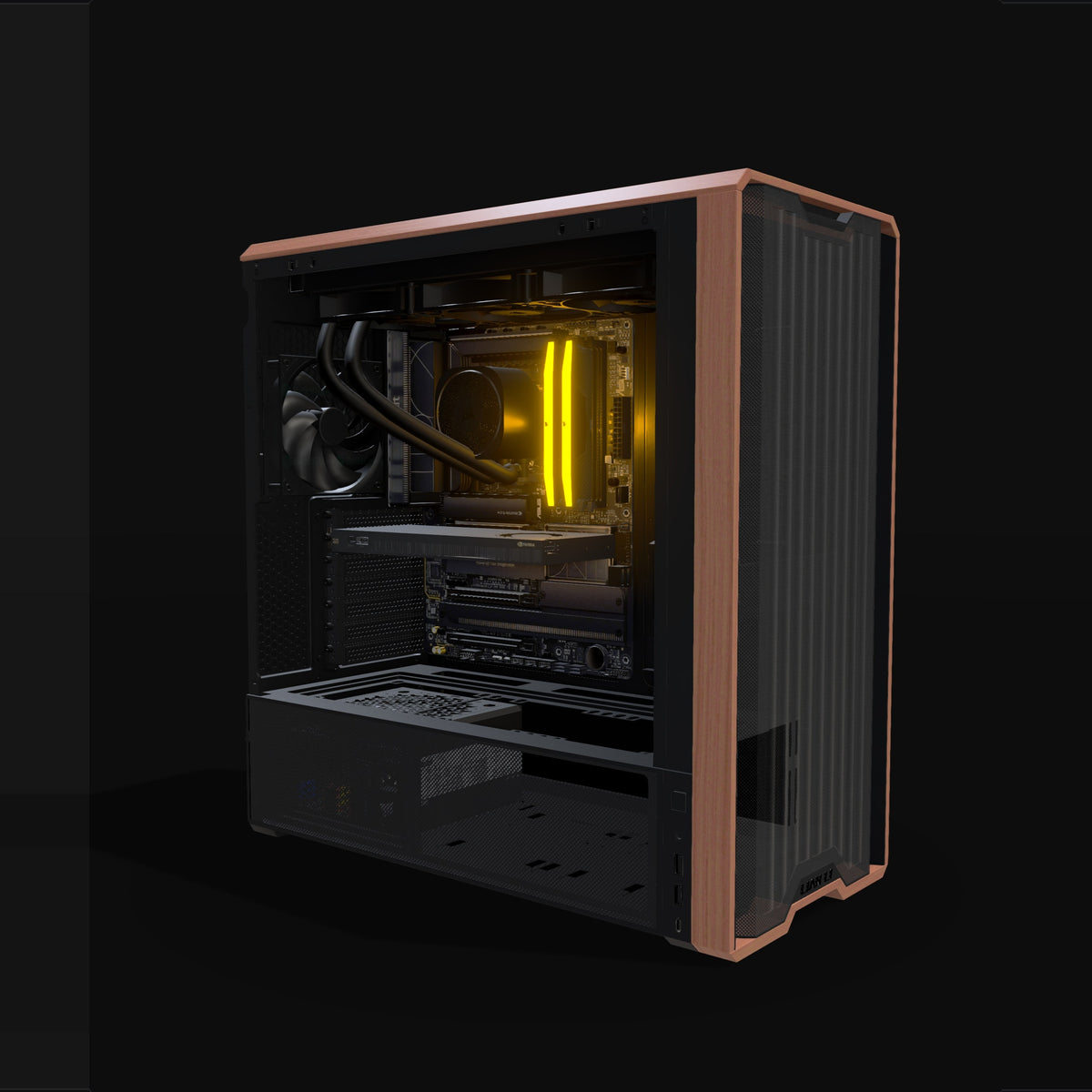 AI Station Duo – 3D rendering, front three-quarter view, RGB orange