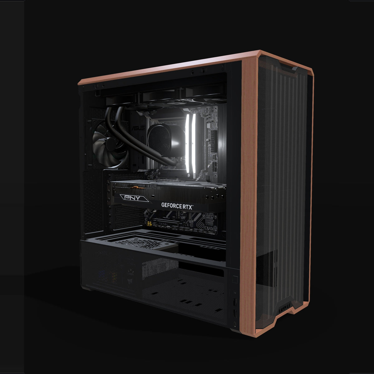 Workstation Creator – 3D rendering, front three-quarter view, RGB cool white