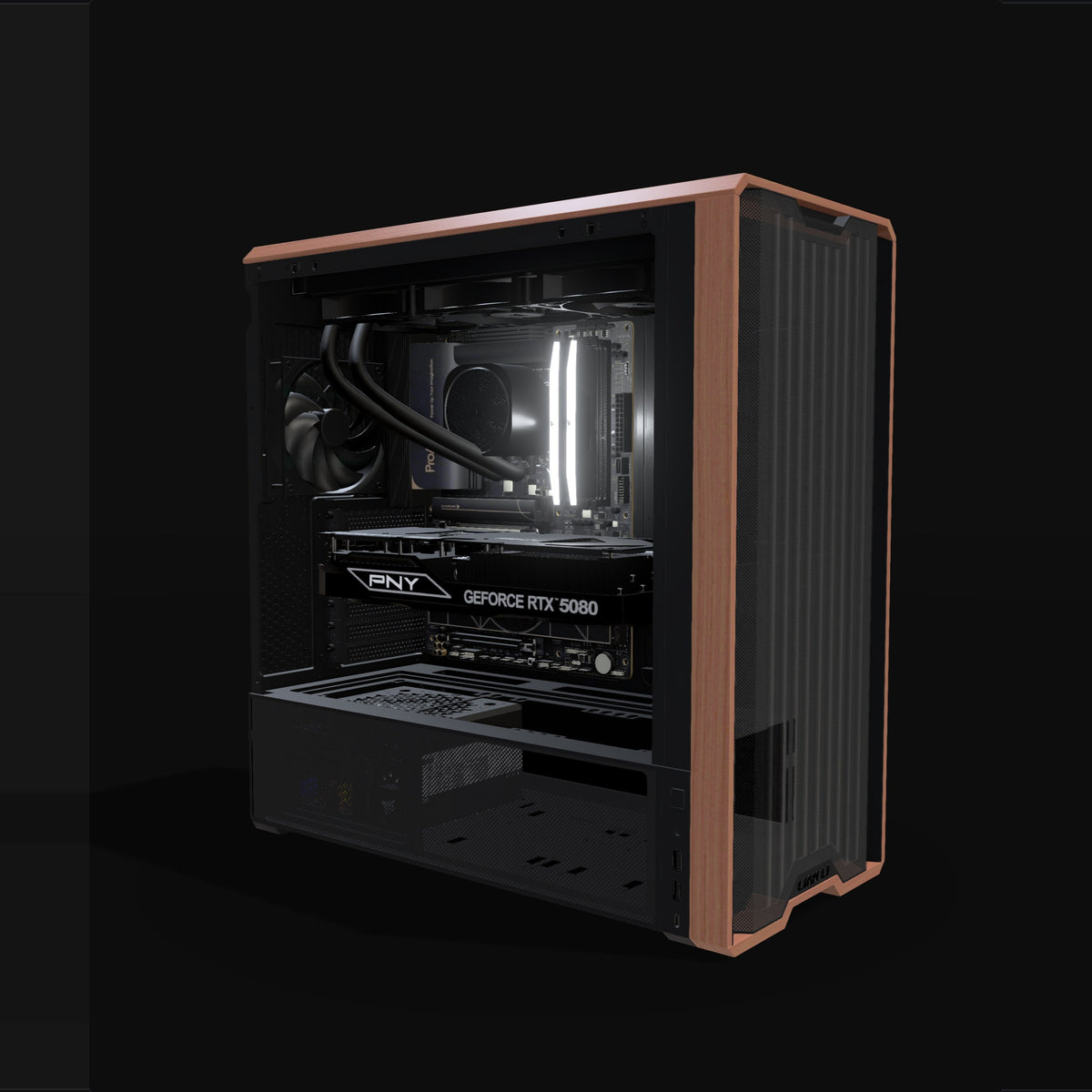 Workstation Creator Pro – 3D rendering, front three-quarter view, RGB cool white