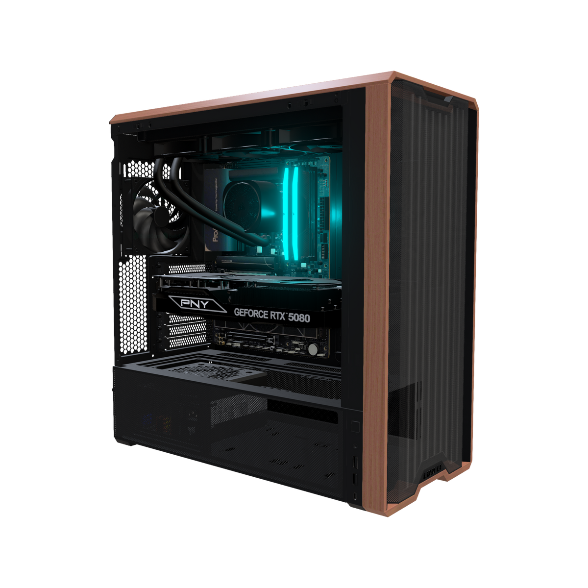 Workstation Creator Pro – 3D-Rendering schräg von vorne, RGB Cyan