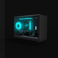 Workstation Compact – 3D rendering, front three-quarter view, RGB cyan