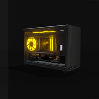 Workstation Compact – 3D rendering, front three-quarter view, RGB orange